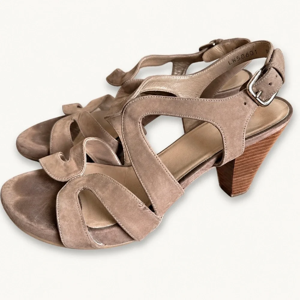 Stuart‎ Weitzman 9 Tan Leather Cone Heeled Cage Ankle Strap Sandals Neutral
